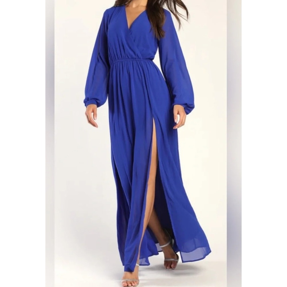 Lulu's Cobalt Blue Long Sleeve Maxi Dress with High Slit